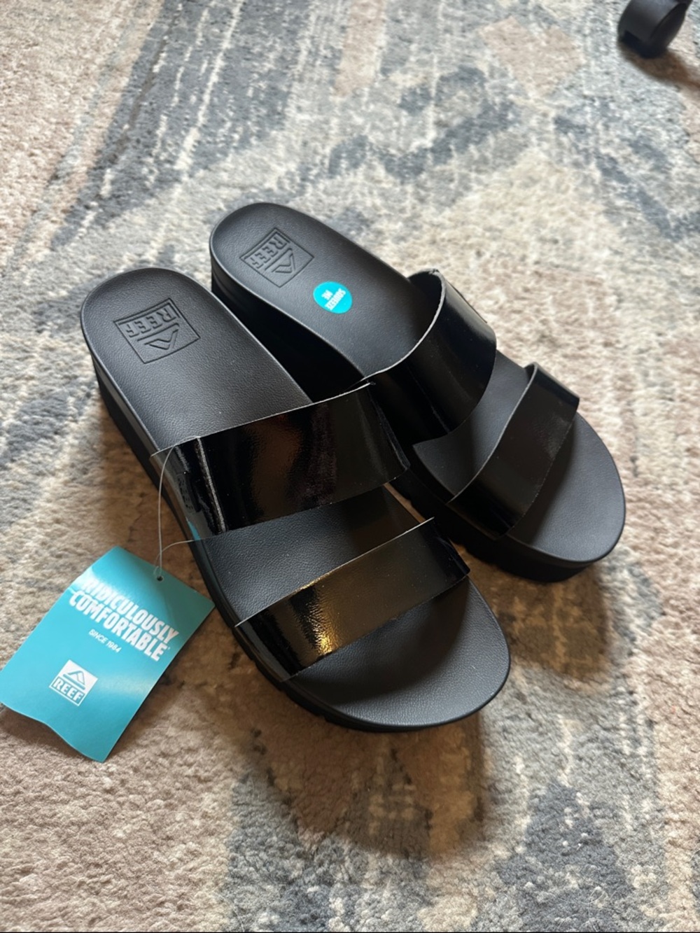 Reef Black Patent Double-Strap Slide Sandals